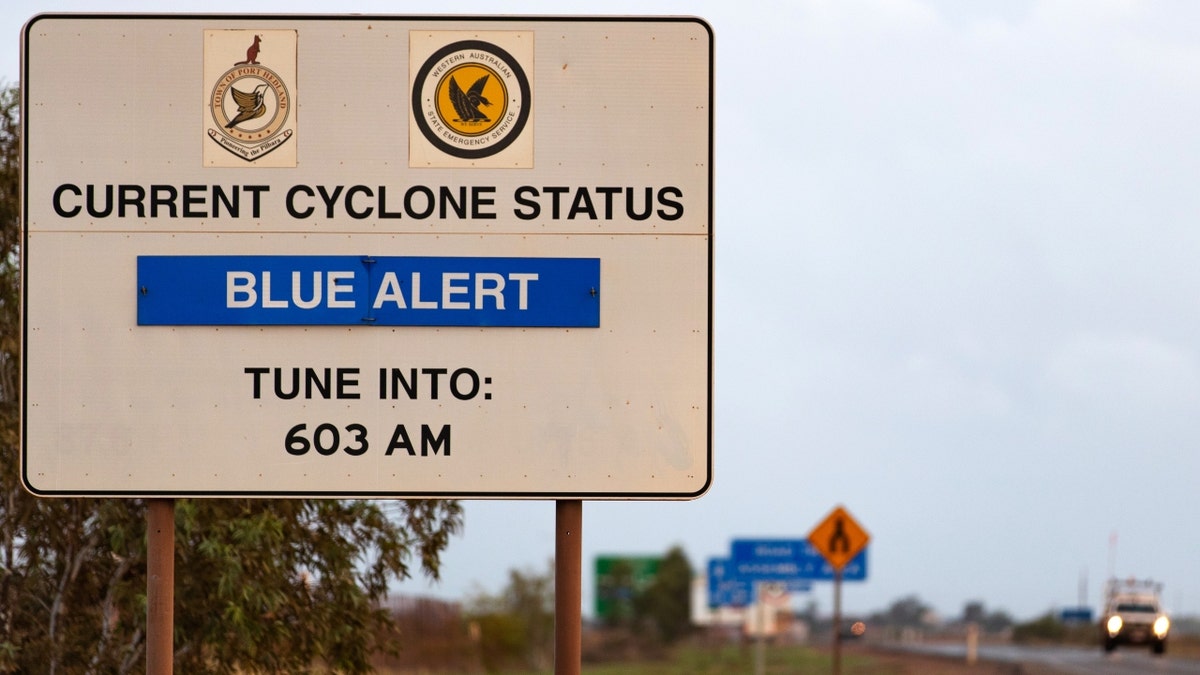 A sign showing the current cyclone status in Port Hedland