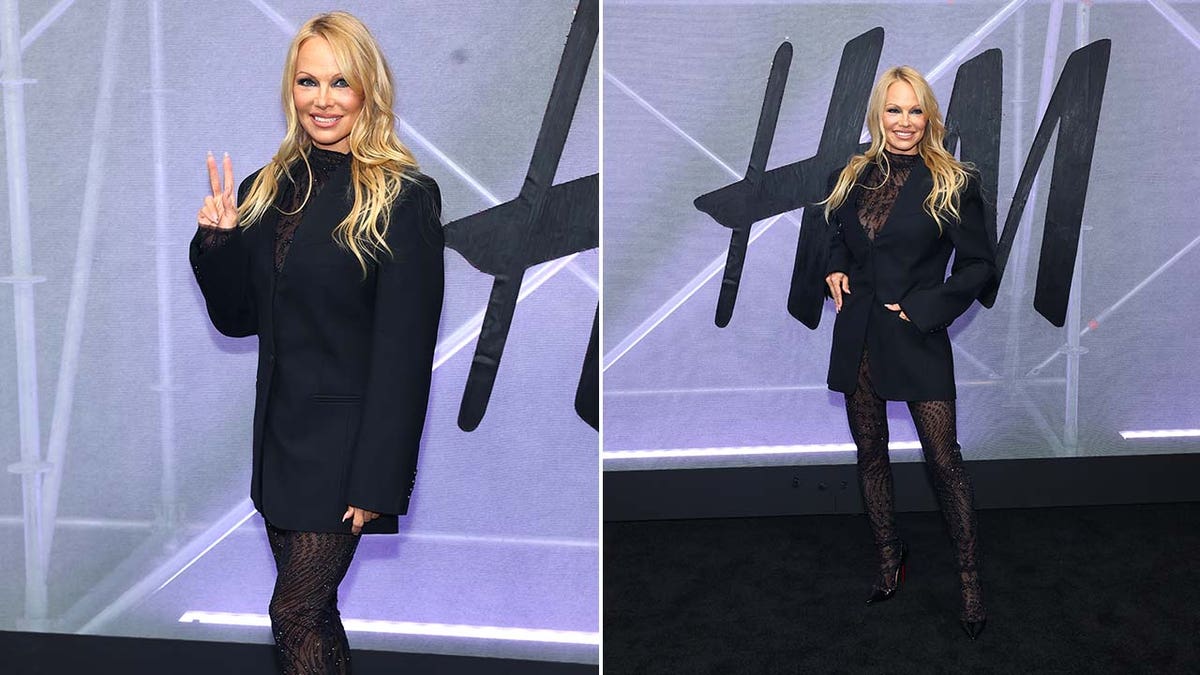 Pamela Anderson split screen in sheer black bodysuit with blazer