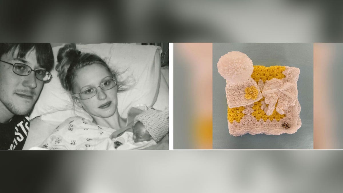 Photo of Robby with his Mom and Dad on the left, and a properly sized hat and blanket for children born early on the right.