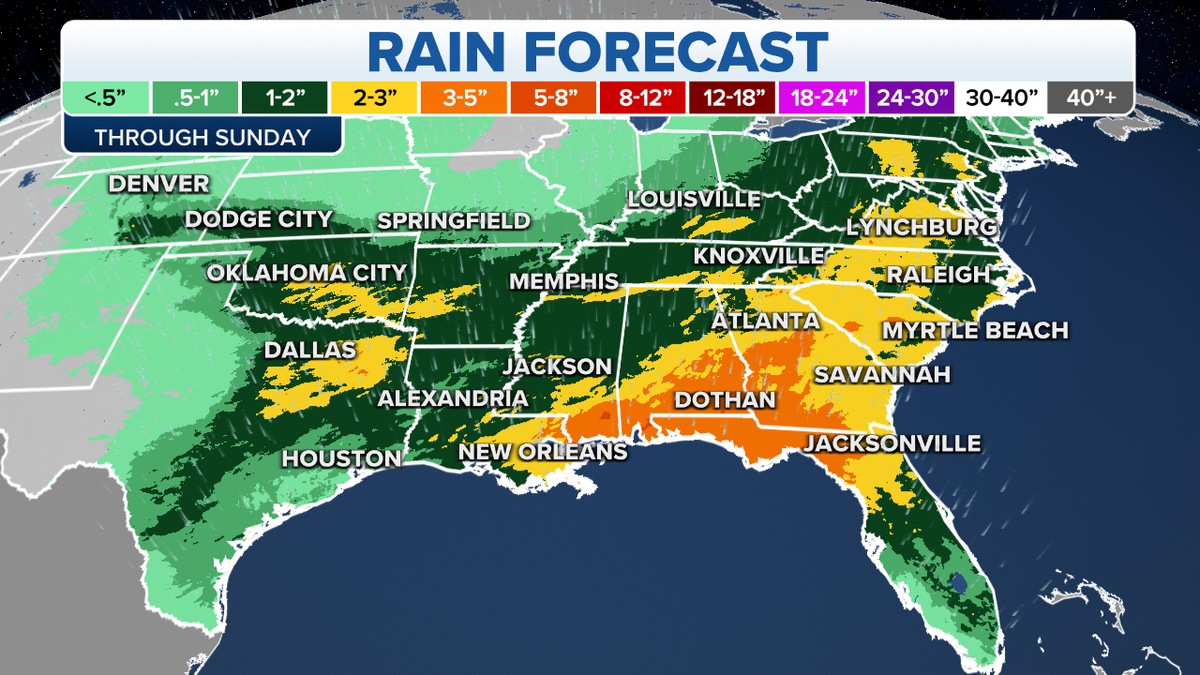Rain forecast in the Gulf Coast and Southeast