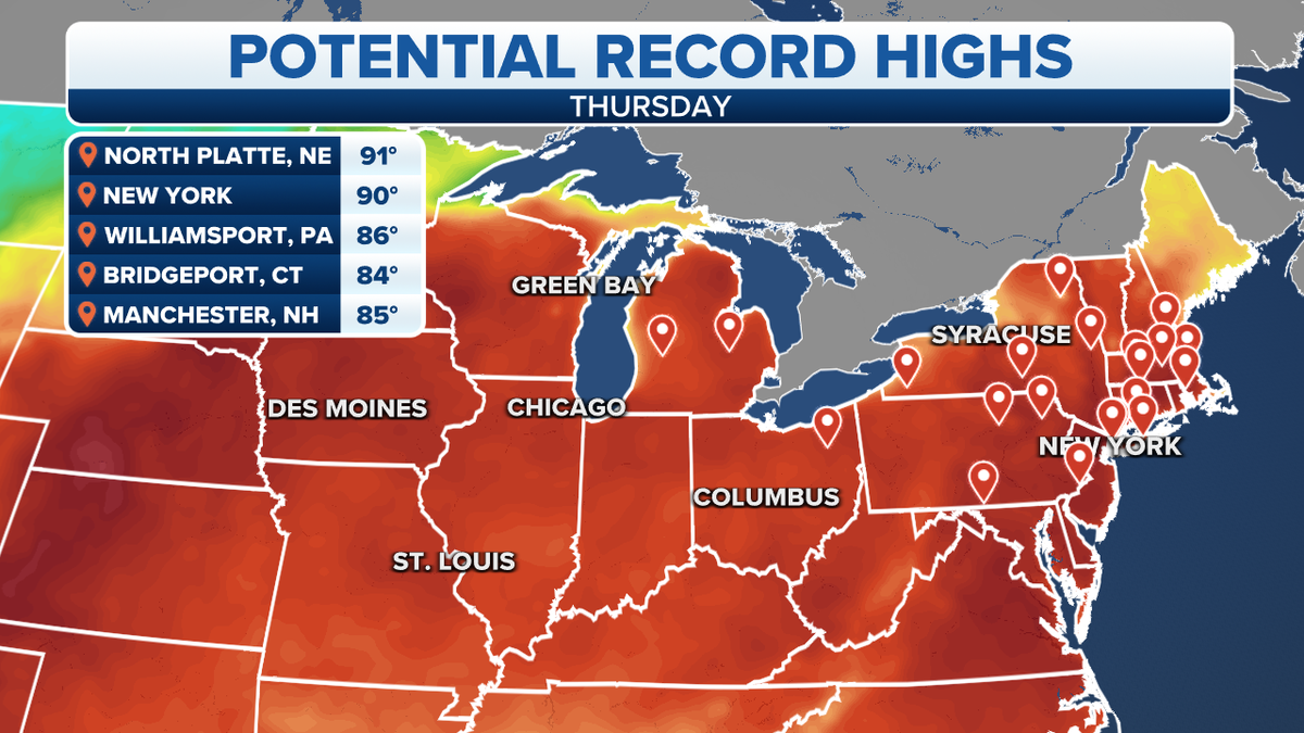 Potential record high temperatures in the Northeast and Great Lakes regions