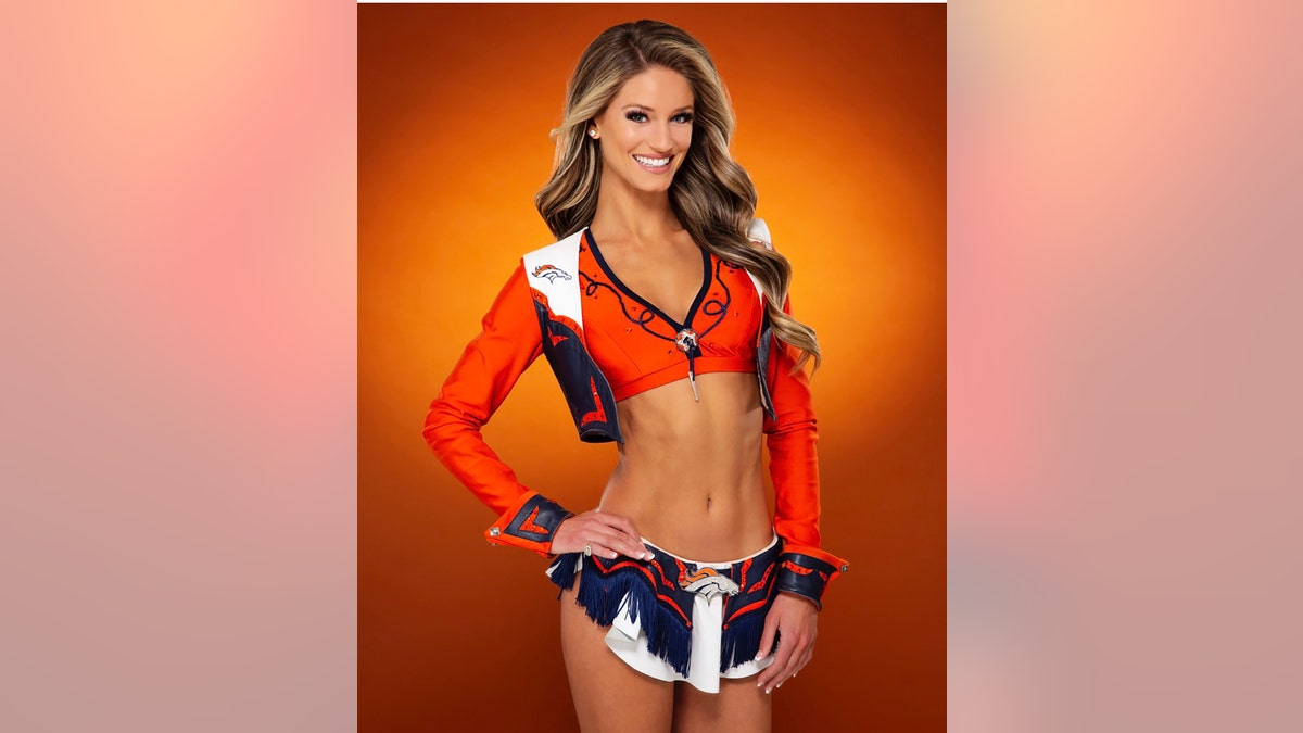 Berkleigh Wright in her Denver Broncos cheerleader outfit.
