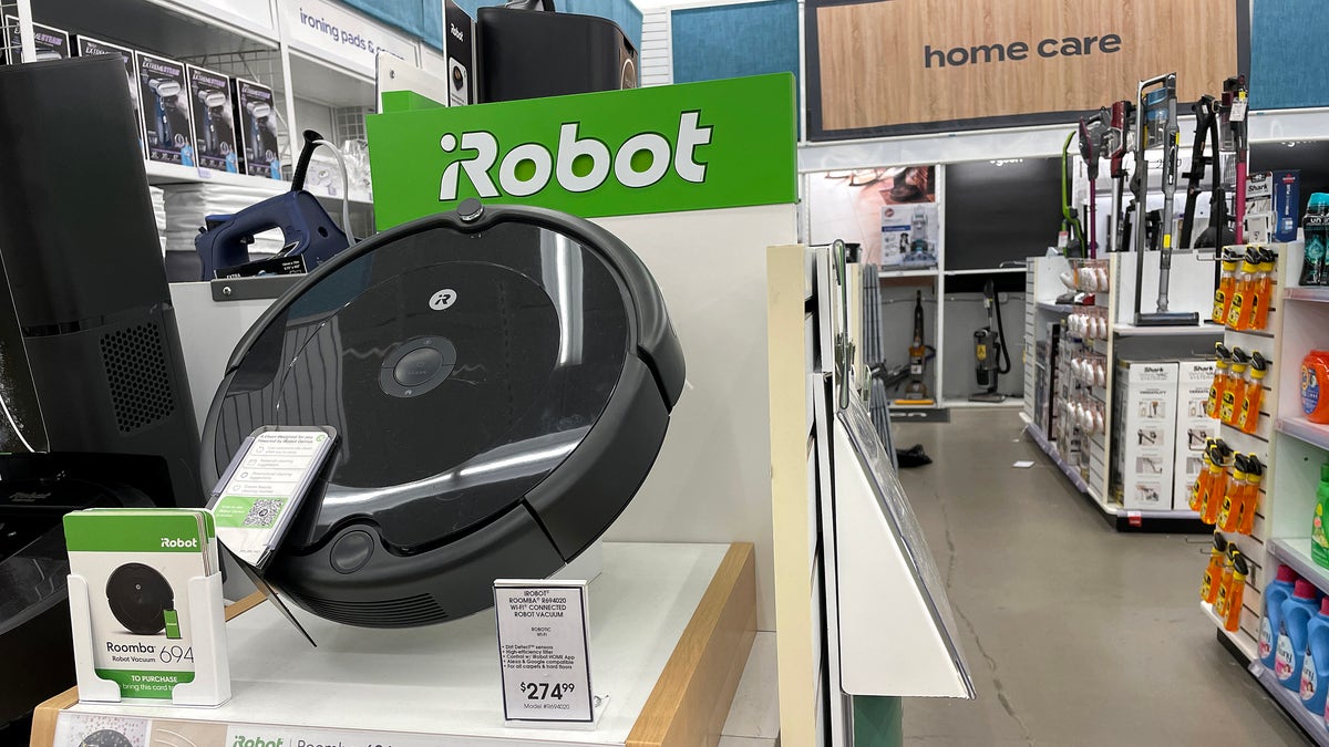 Roomba robot vacuums made by iRobot are displayed on a shelf at a Bed Bath and Beyond store on Aug. 5, 2022 in Larkspur, Calif.