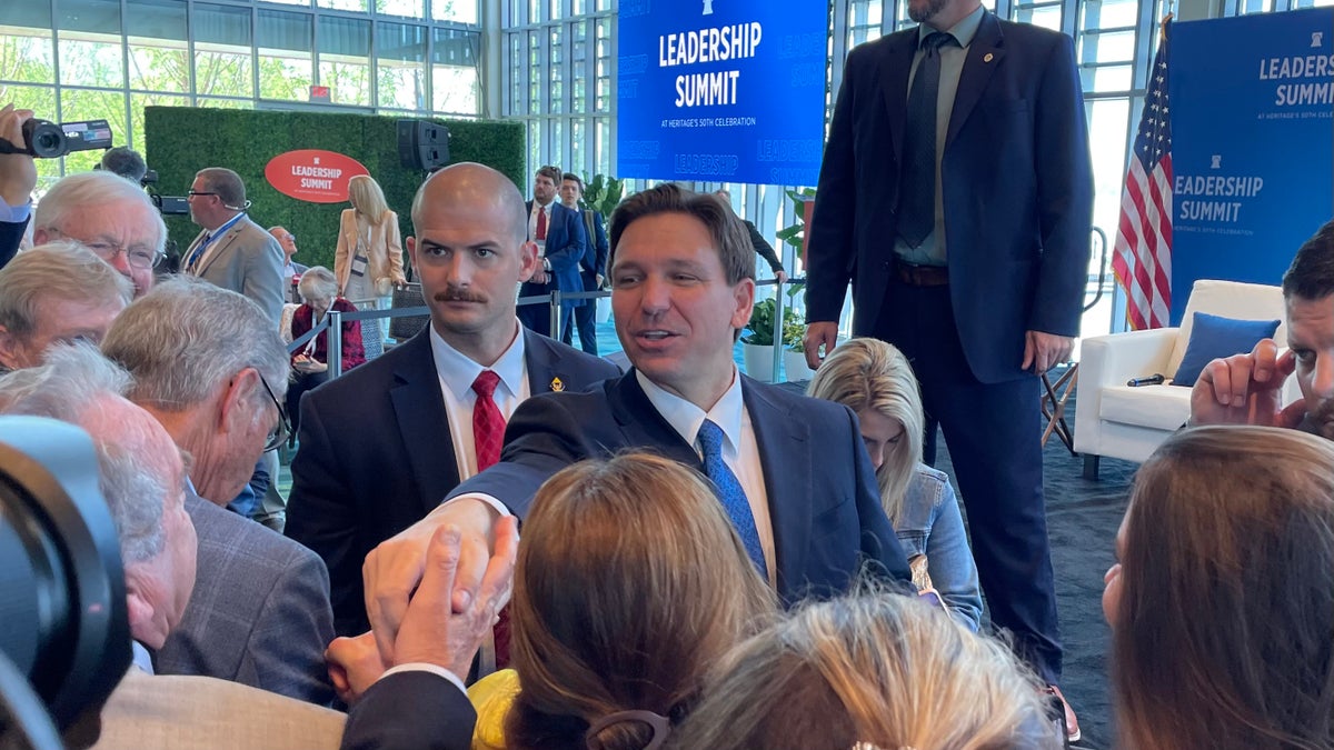 Ron DeSantis greets supporters at Heritage event