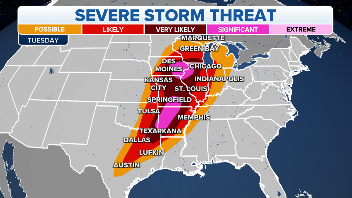 A map of severe storm threats on Tuesday