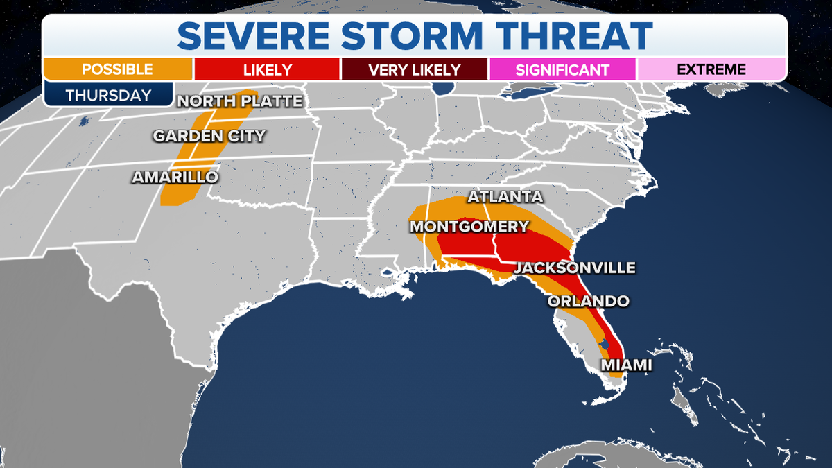 The threat of severe storms in the Southeast, Gulf Coast and Florida