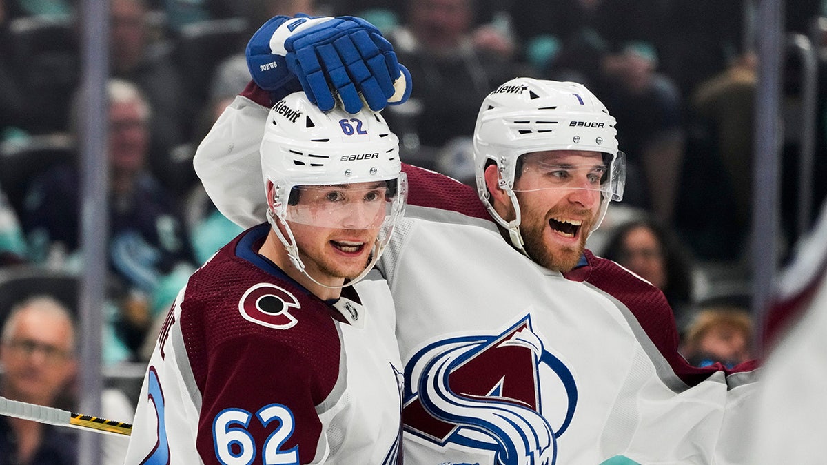 Colorado Avalanche players celebrates after a goal