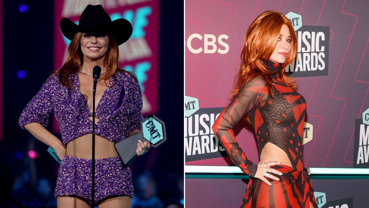 side by side of Shania Twain in a purple outfit showing her abs and a photo of Twain in a red and black outfit with cutout