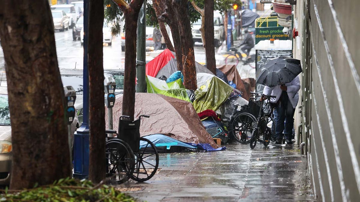 Homeless tents are seen near the Tenderloin District