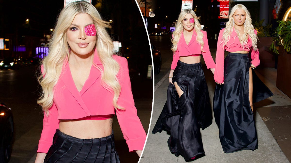 Tori Spelling wearing a pink eye patch