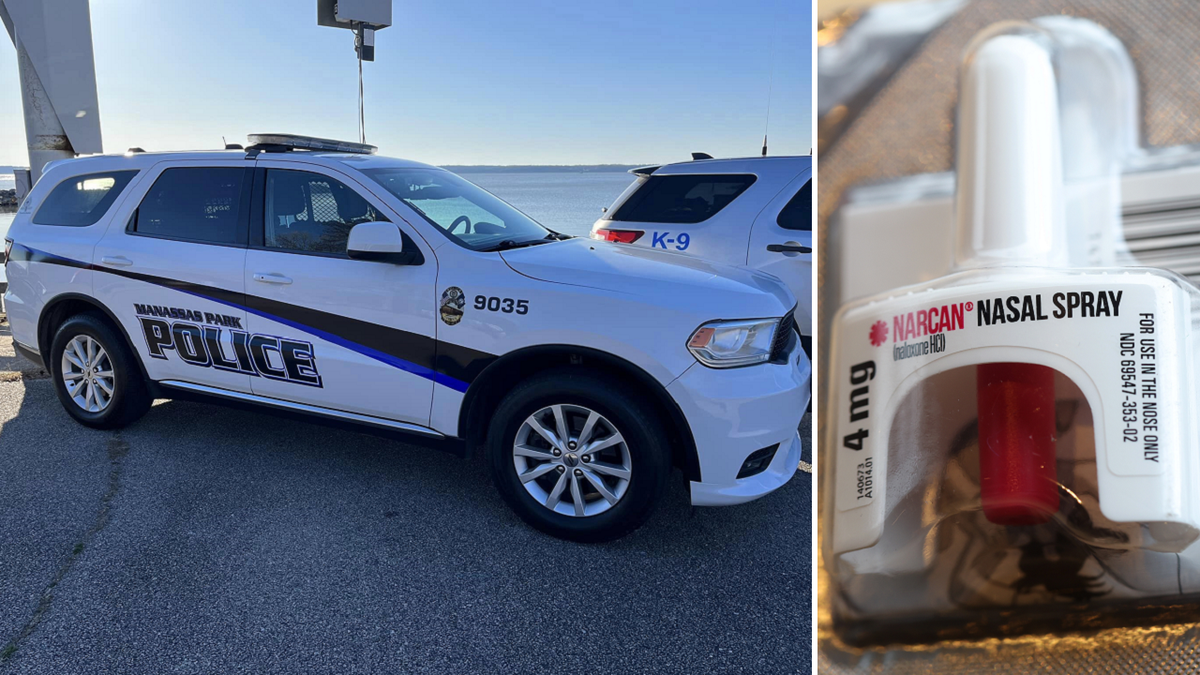 Manassas Park police car left, Narcan spray applicator at right