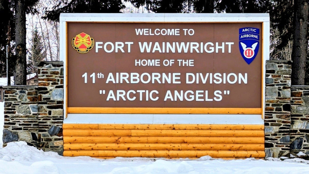 A sign at the main entry point to U.S. Army Garrison Alaska Fort Wainwright