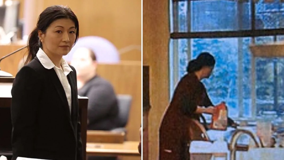 California dermatologist Yue "Emily" Yu in court on Tuesday. She's accused of poisoning her radiologist husband's tea with Drano in secretly recorded footage (right).