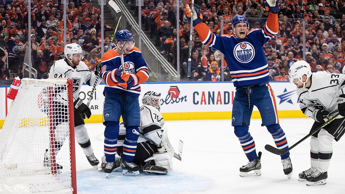 Oilers players celebrate