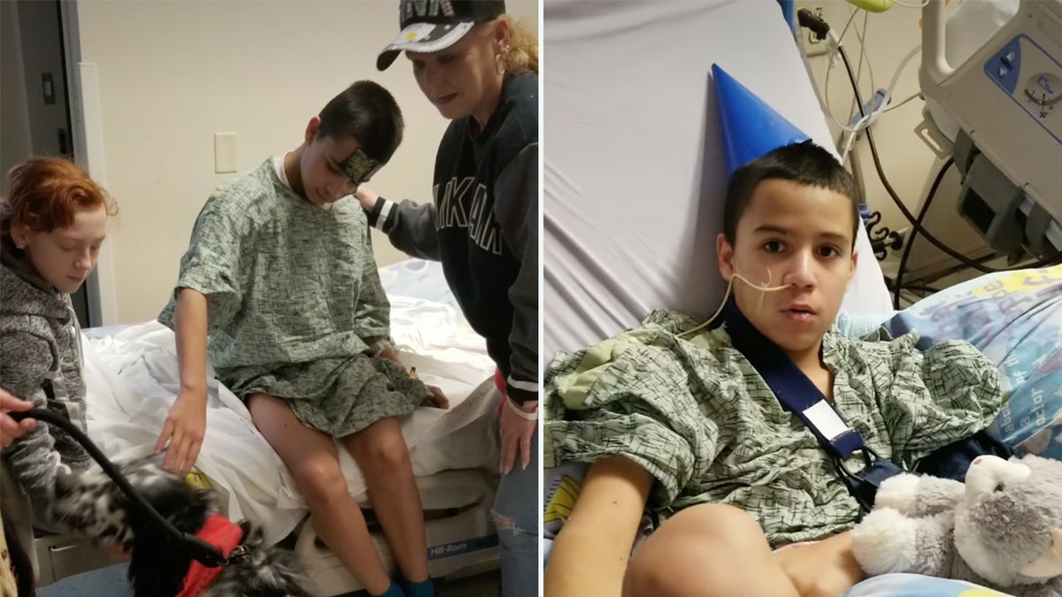 Zachary Cohen sitting in a hospital bed petting a dog, left, and with a birthday hat on, right.