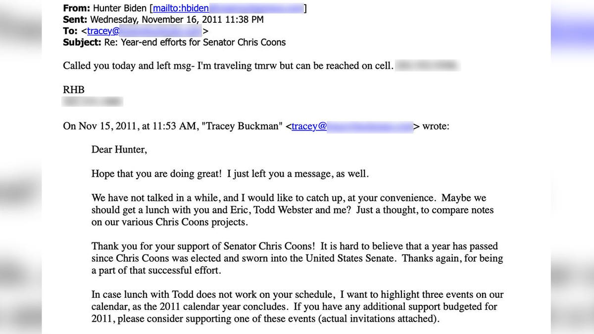 Sen. Coons finance director email to Hunter Biden