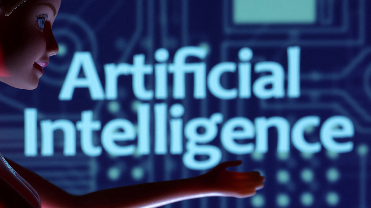 Figure standing next to an AI sign