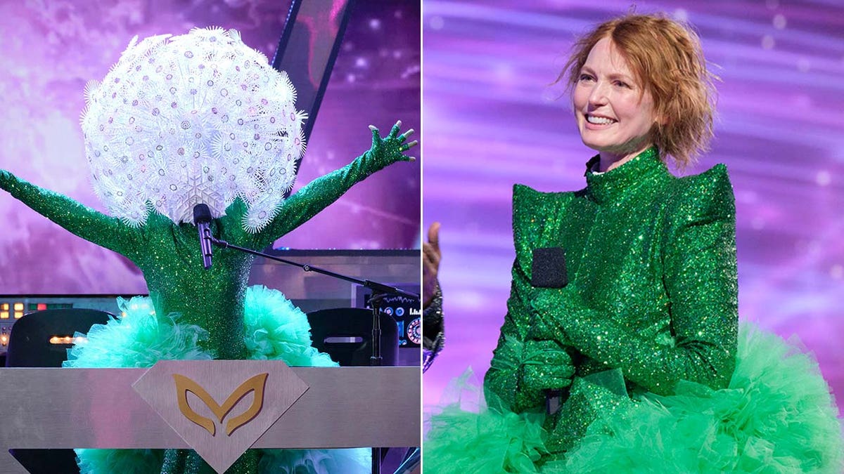 alicia witt with dandelion head on/alicia witt revealed on masked singer