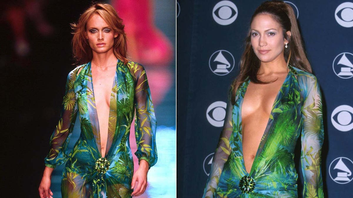 amber valletta in dress on runway jennifer lopez in dress at grammys