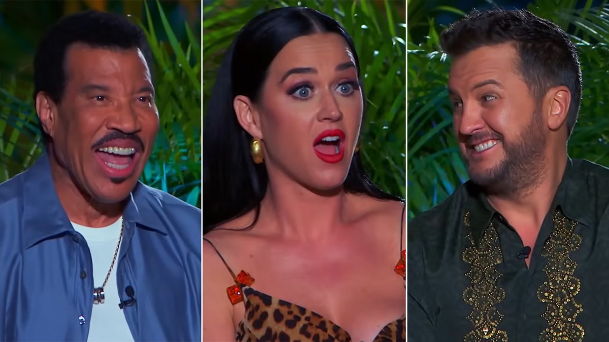 Lionel Richie in a blue satin-like shirt smiles big while watching an "American Idol" performance, split Katy Perry with her mouth wide-open looking slightly disturbed in a cheetah print tank top with red bows, split Luke Bryan looking to his left smiling, in a dark shirt with gold glitter
