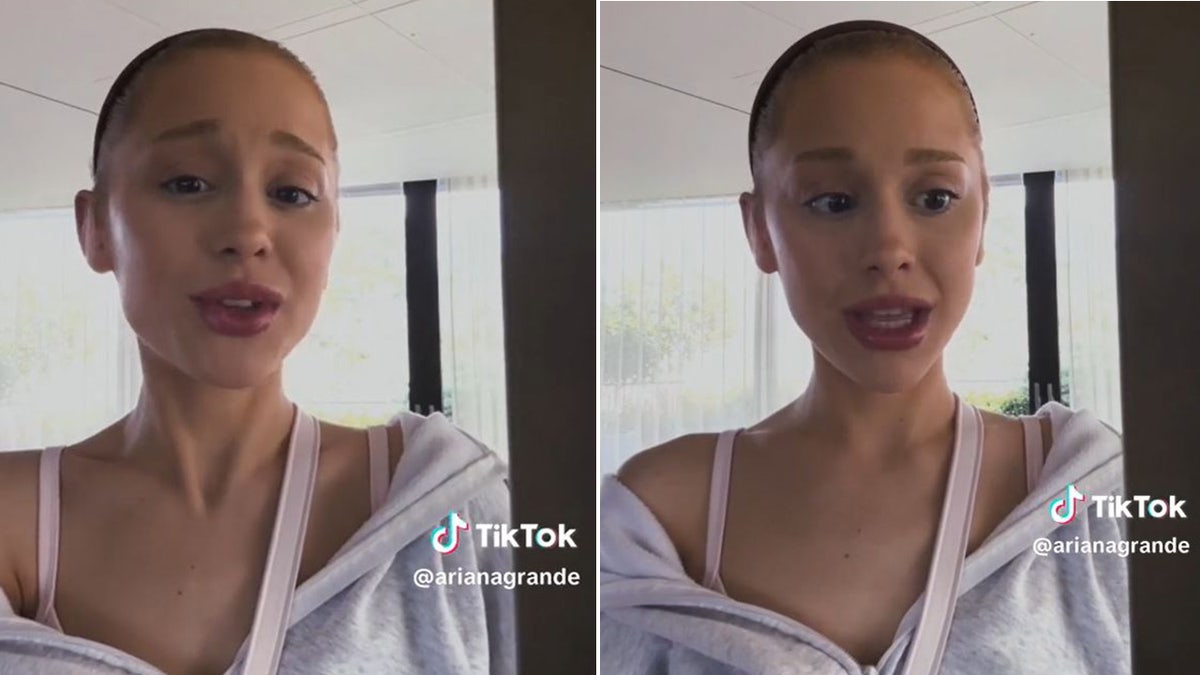Ariana Grande wears grey sweater and pink tank top in TikTok video