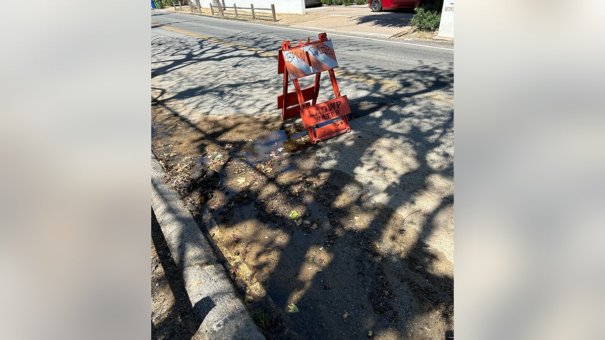 A close up image of the two potholes that Arnold Schwarzenegger filled, with a hazard sign towards the first pothole