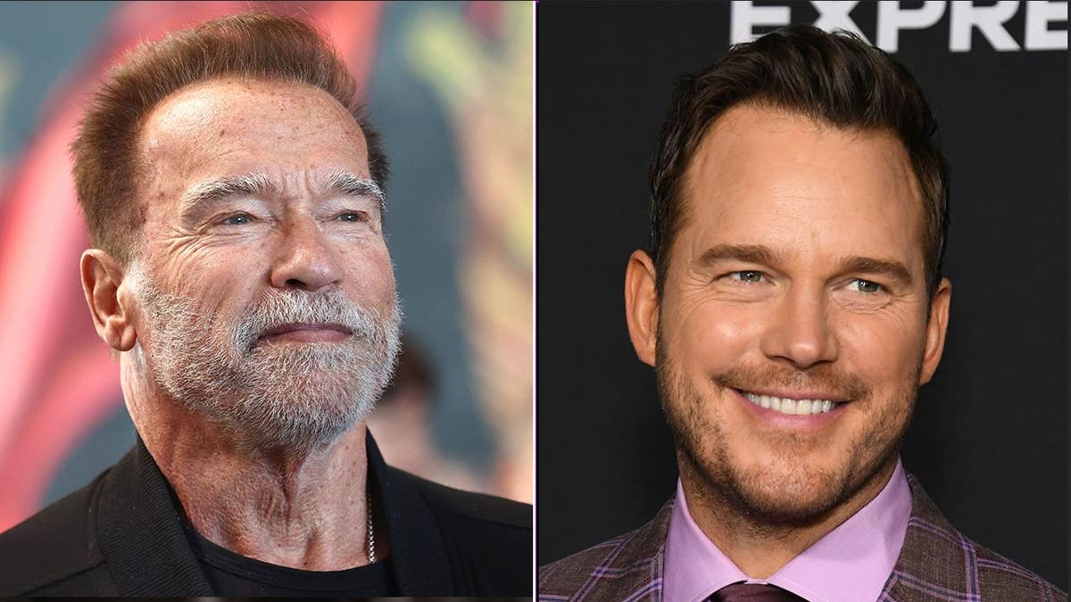 A split of Arnold Schwarzenegger and Chris Pratt