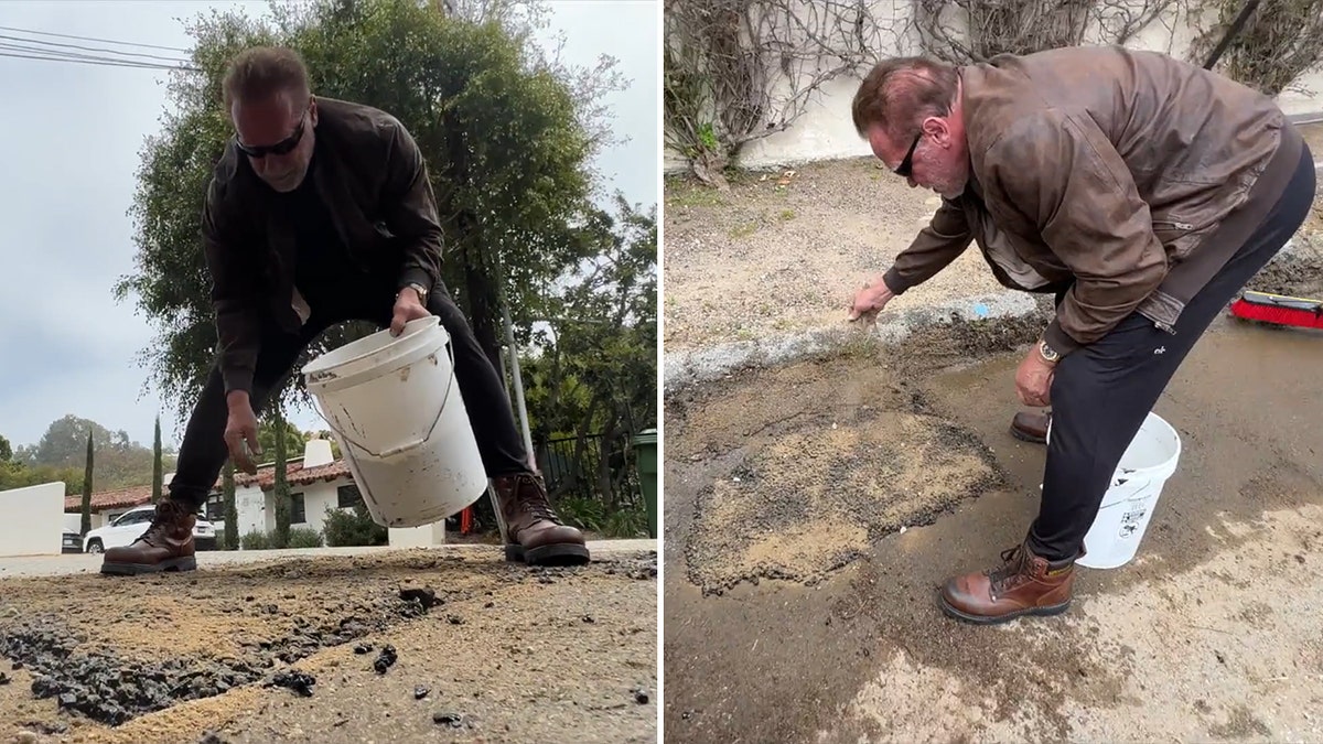 Arnold Schwarzenegger holds a white barrel and bends over and helps fill in the pothole, wearing a brown leather jacket and brown work boot split a side profile of Schwarzenegger bending over sprinkling dirt on the pothole