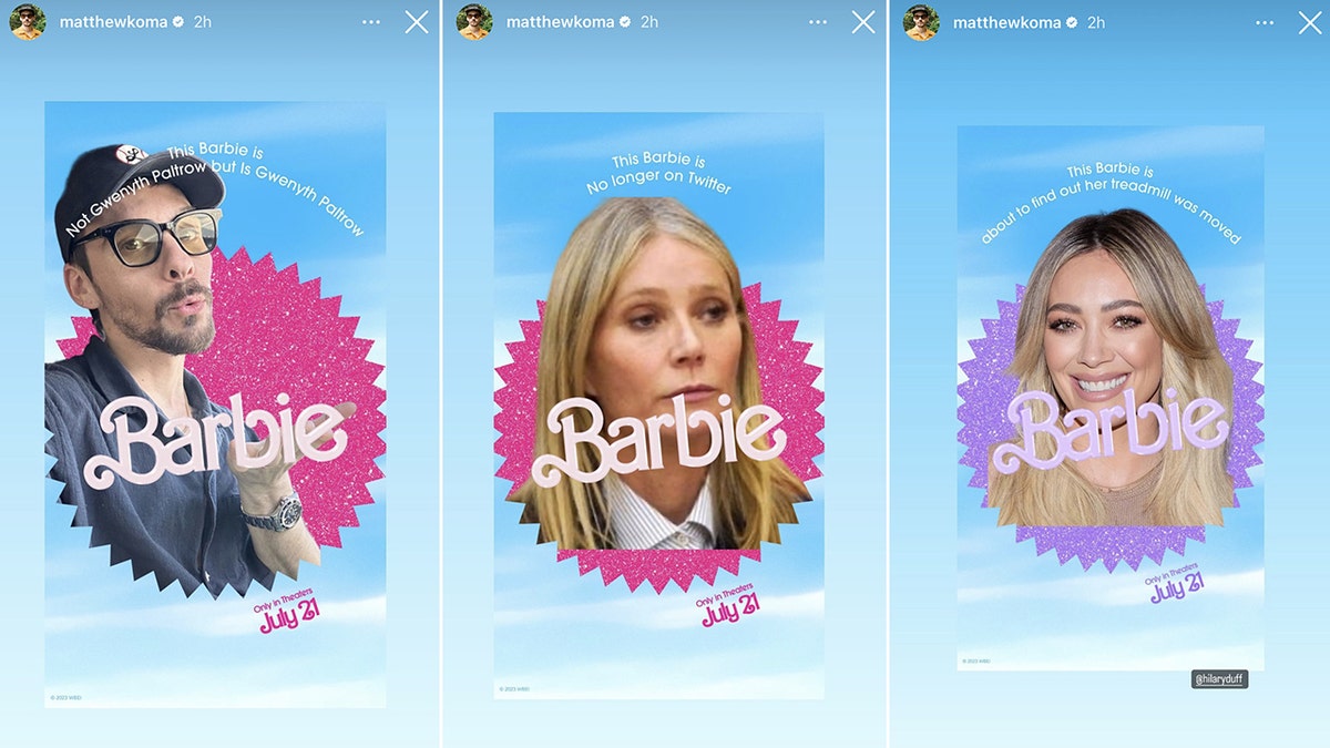 Photoshopped faces of Matthew Koma, Gwyneth Paltrow, and Hilary Duff on the new Greta Gerwig film "Barbie" posters that were released the day before