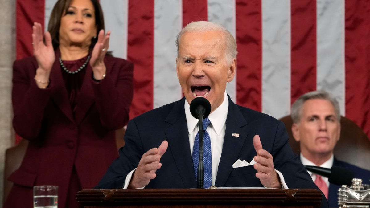 U.S. President Joe Biden delivers the State of the Union address to a joint session of Congress as Vice President Kamala Harris and House Speaker Kevin McCarthy (R-CA) listen