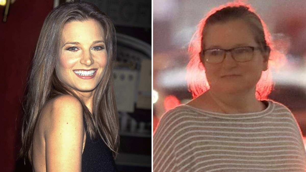 Bridget Fonda wears grey striped T-shirt at airport and seen in portrait