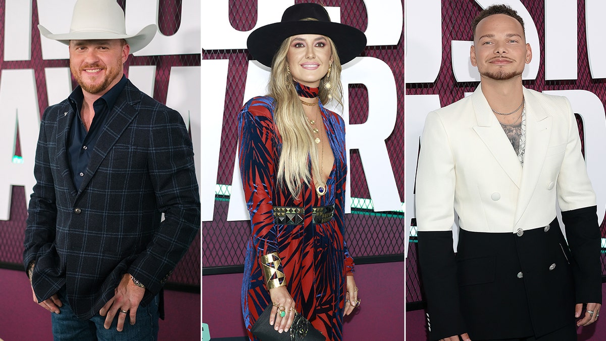 Cody Johnson in a dark plaid jacket with blue stitching and a large oversized white cowboy hat split Lainey Wilson wearing a black brim hat and red and blue patterned choker dress split Kane Brown in a white and black jacket with multiple buttons