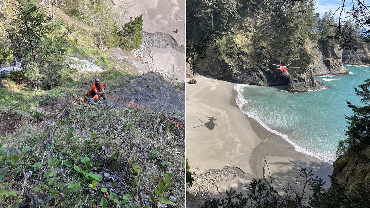  A rescuer rappelling down cliff and helicopter over beach