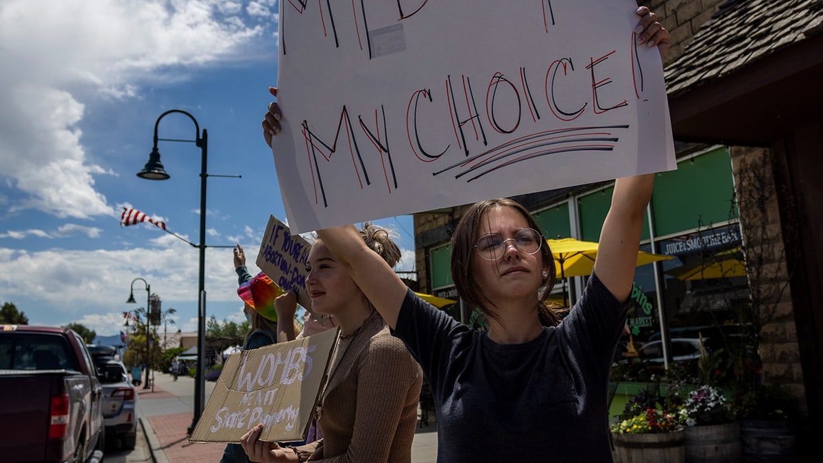 Teenagers hold pro-choice signs in Driggs, Idaho