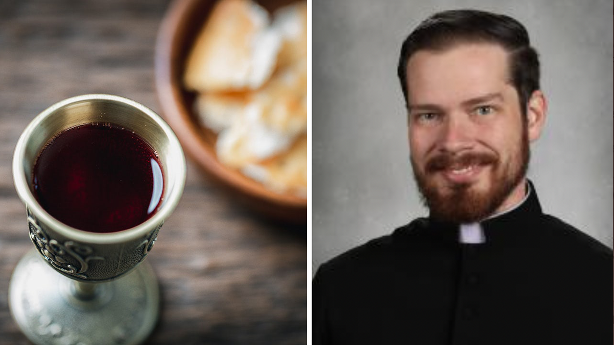 split, Fr. Hedman and communion bread and wine