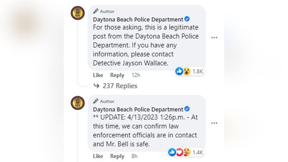 Daytona Beach Police Department Facebook page excerpt showing Drake Bell is safe