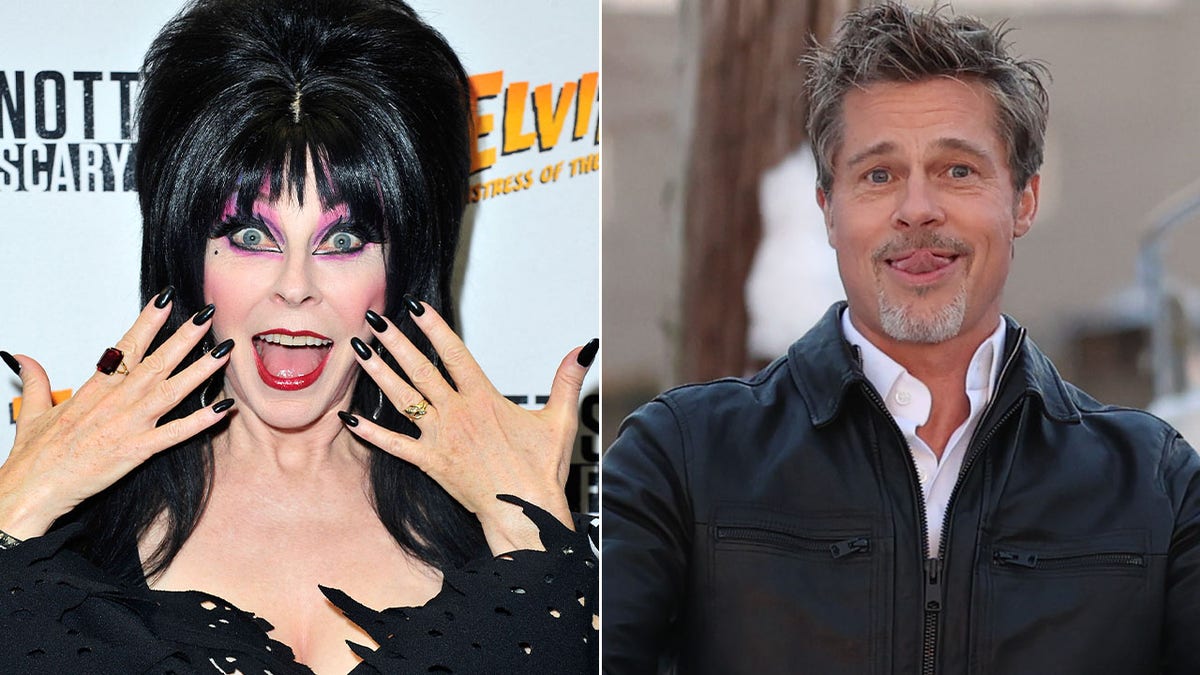 A split image of Elvira and Brad Pitt.