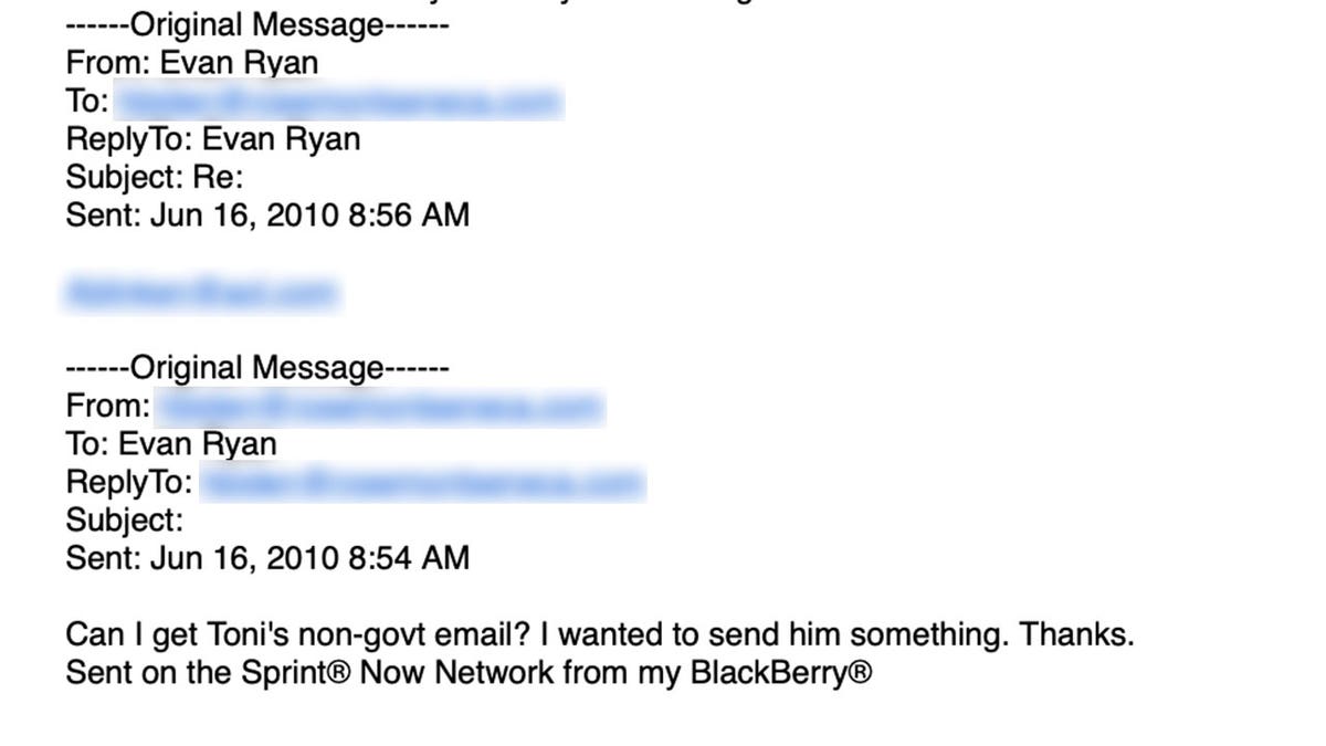 It appears that Hunter Biden first tried to connect with Antony Blinken on June 16, 2010, when he asked Blinken's wife, Evan Ryan, for his non-government email address.