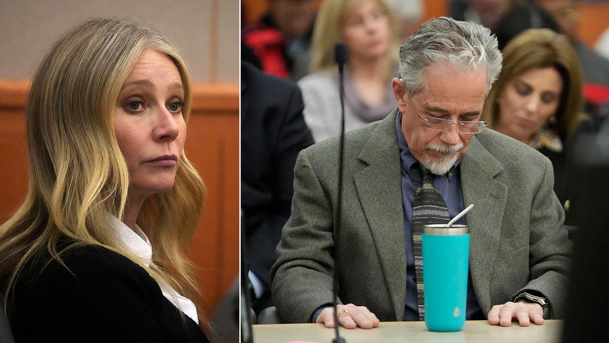 A split image of Gwyneth Paltrow and Terry Sanderson in court.