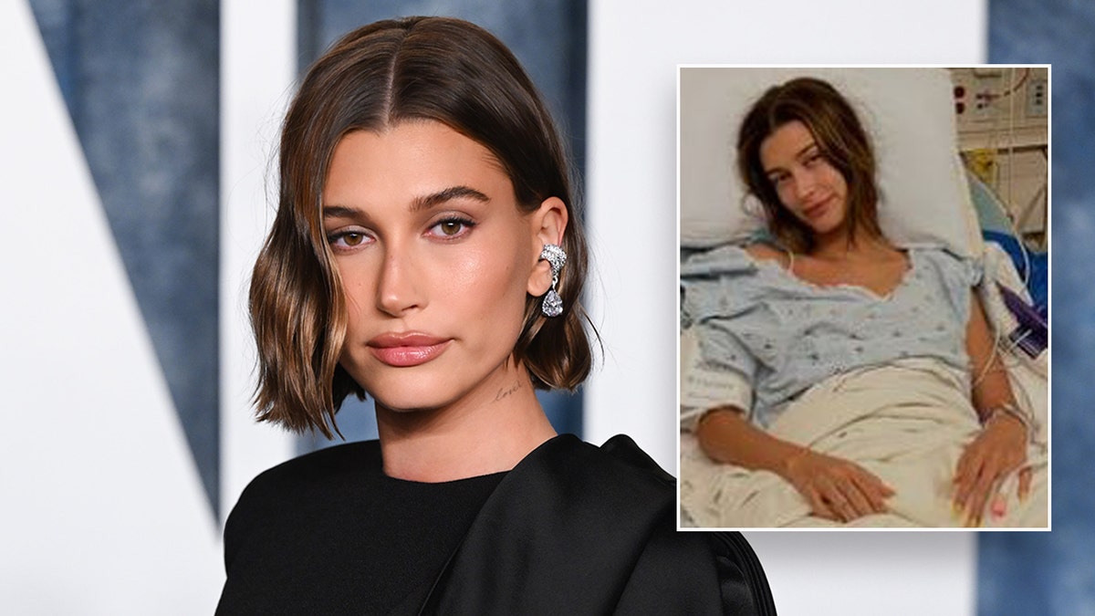 Hailey Bieber shared hospital photo from heart surgery, posed on the red carpet at Oscars after party