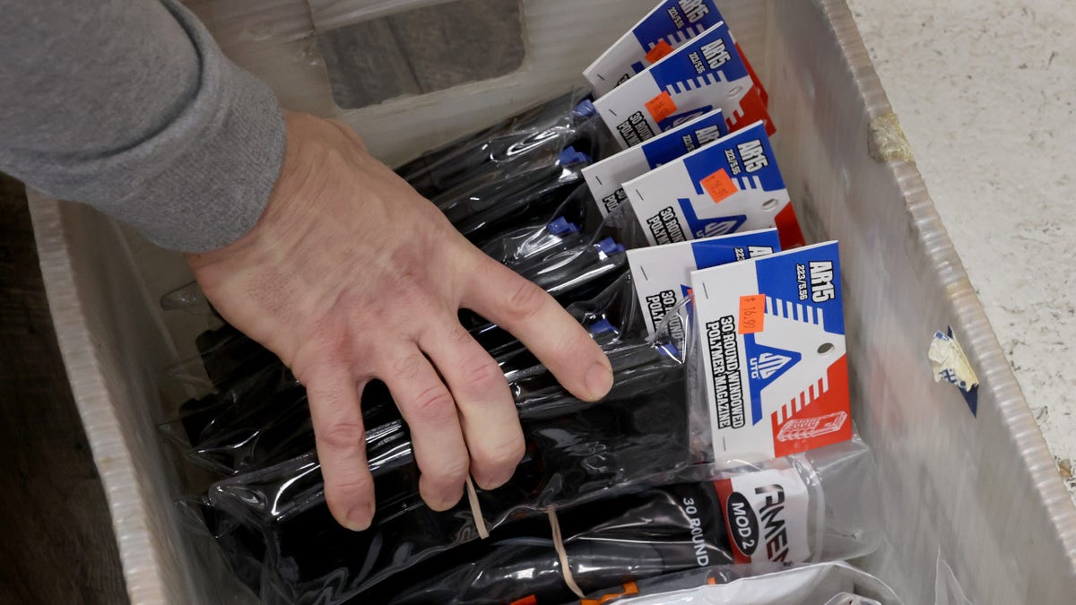 High capacity rifle magazines are removed from display at Freddie Bear Sports on January 11, 2023 in Tinley Park, Illinois.