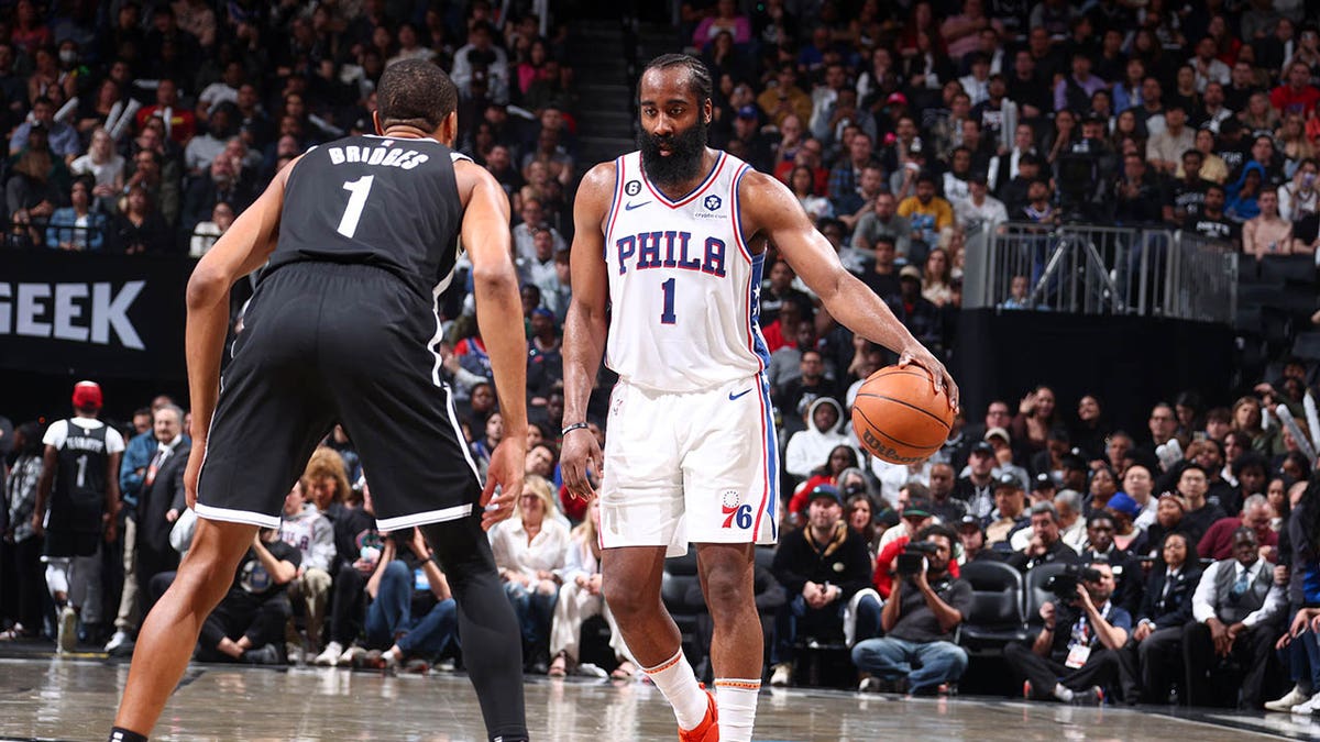 James Harden dribbling against Nets