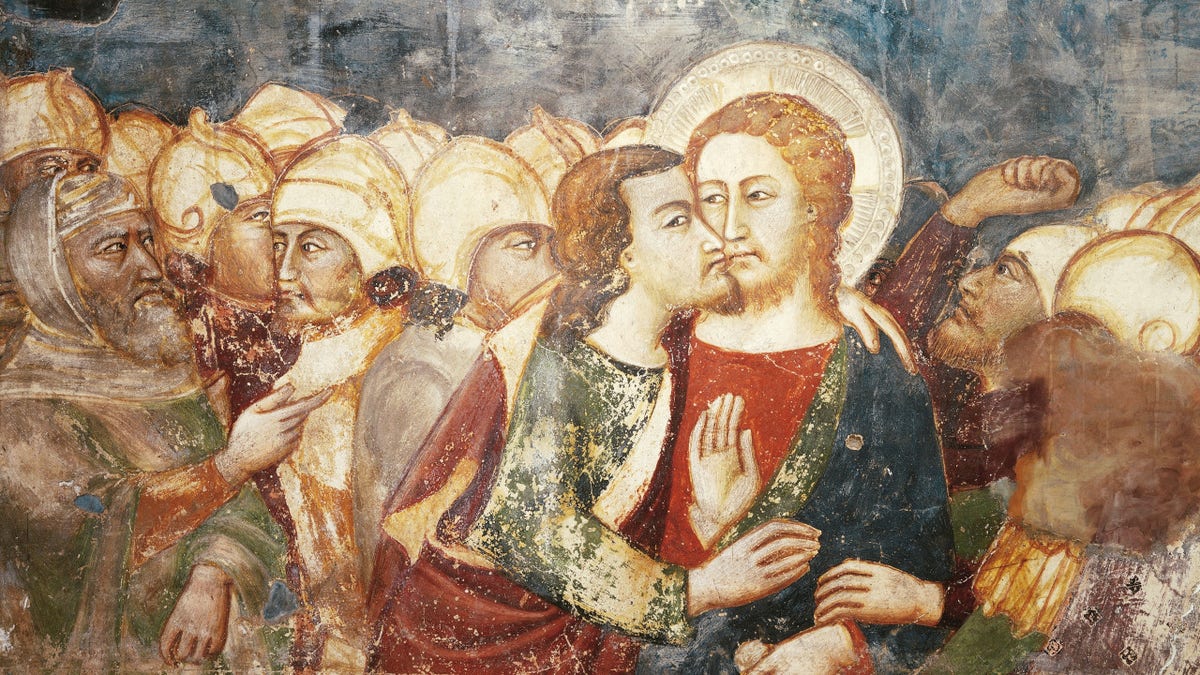 Kiss of Judas, 14th century fresco by the Master Trecentesco of Sacro Specol. Upper Church of Sacro Speco Monastery, Subiaco. Italy, 14th century. (Photo by DeAgostini/Getty Images)