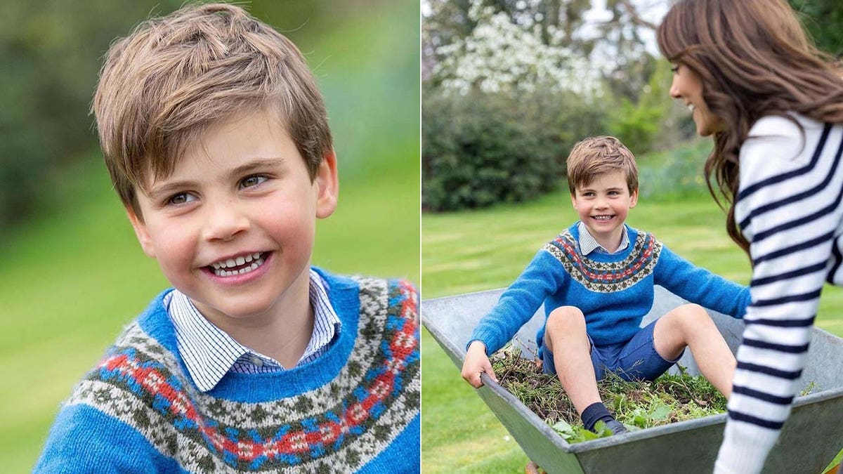 prince louis in wheelbarrow with kate pushing him/prince louis close-up