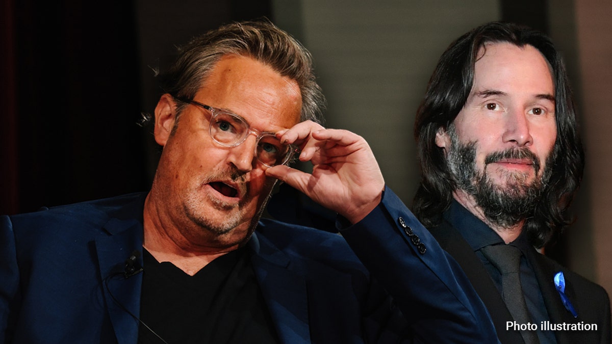 Matthew Perry fixes his glasses at book festival, Keanu Reeves wears black suit at movie premiere.