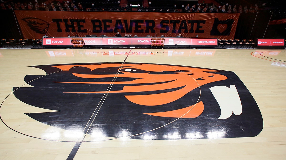 Oregon State logo on basketball court