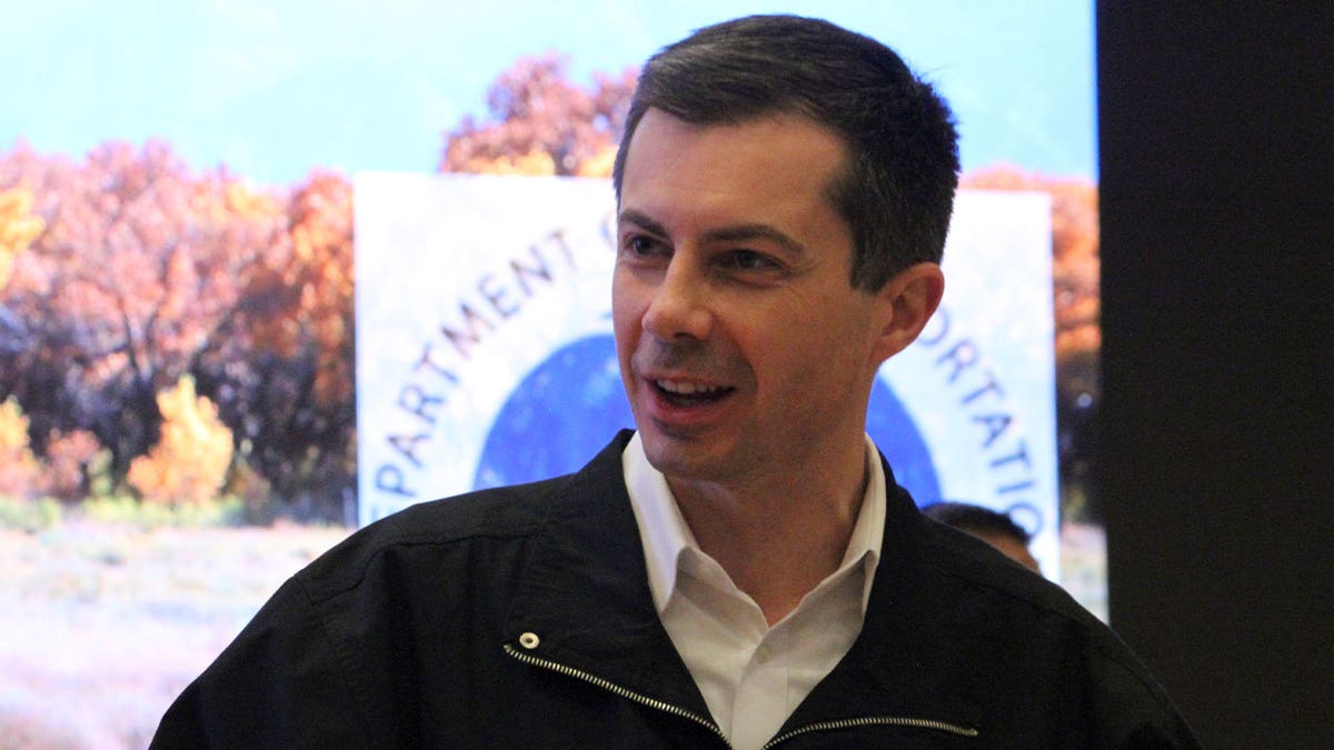 U.S. Transportation Secretary Pete Buttigieg speaks about a federal pilot project to fund wildlife crossing corridors along busy roads in Santa Ana Pueblo, New Mexico, on April 4, 2023.