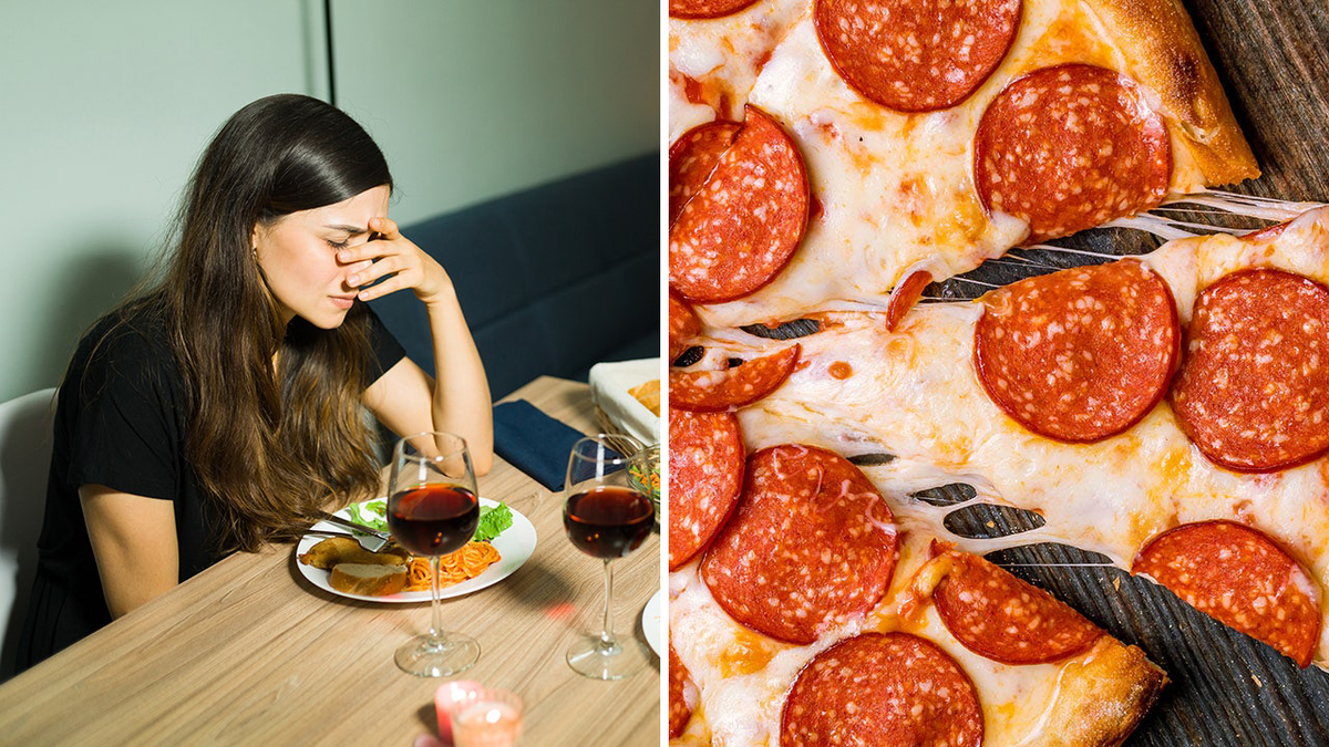 iStock split, upset woman and pizza