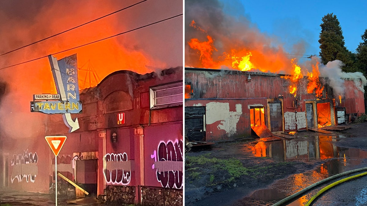 Flames pour out of an abandoned tavern in Portland, Oregon
