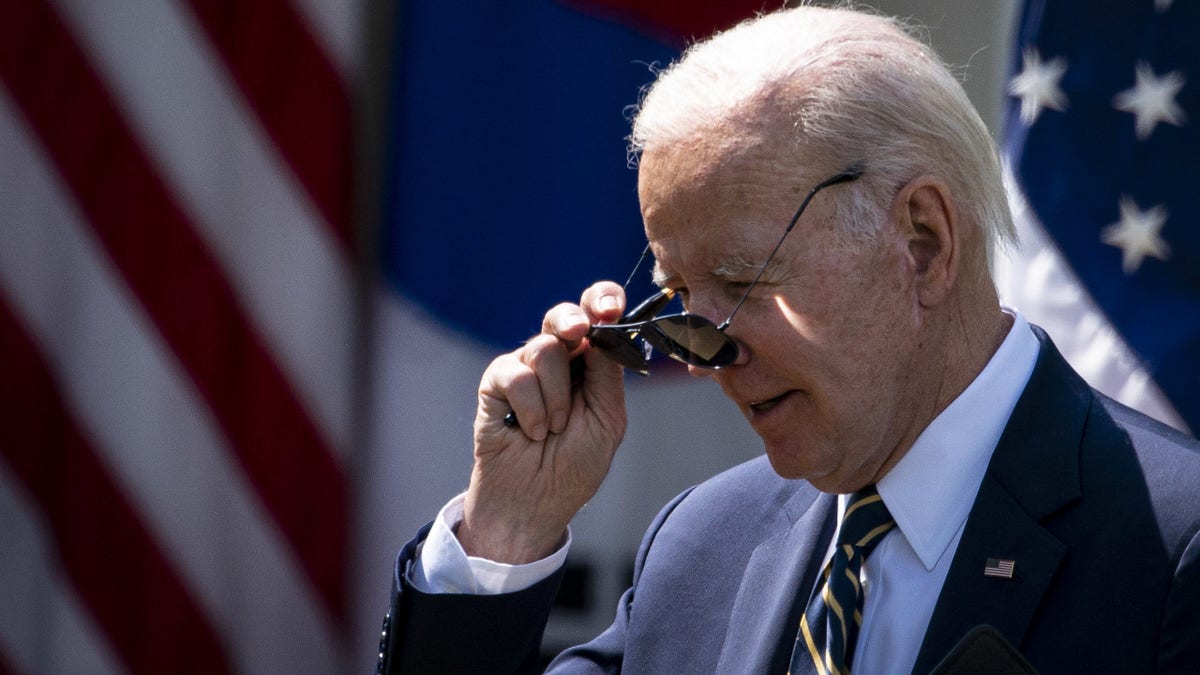 US President Joe Biden puts on sunglasses at a news conference with Yoon Suk Yeol, South Koreas president, not pictured, in the Rose Garden of the White House during a state visit in Washington, DC, US, on Wednesday, April 26, 2023.